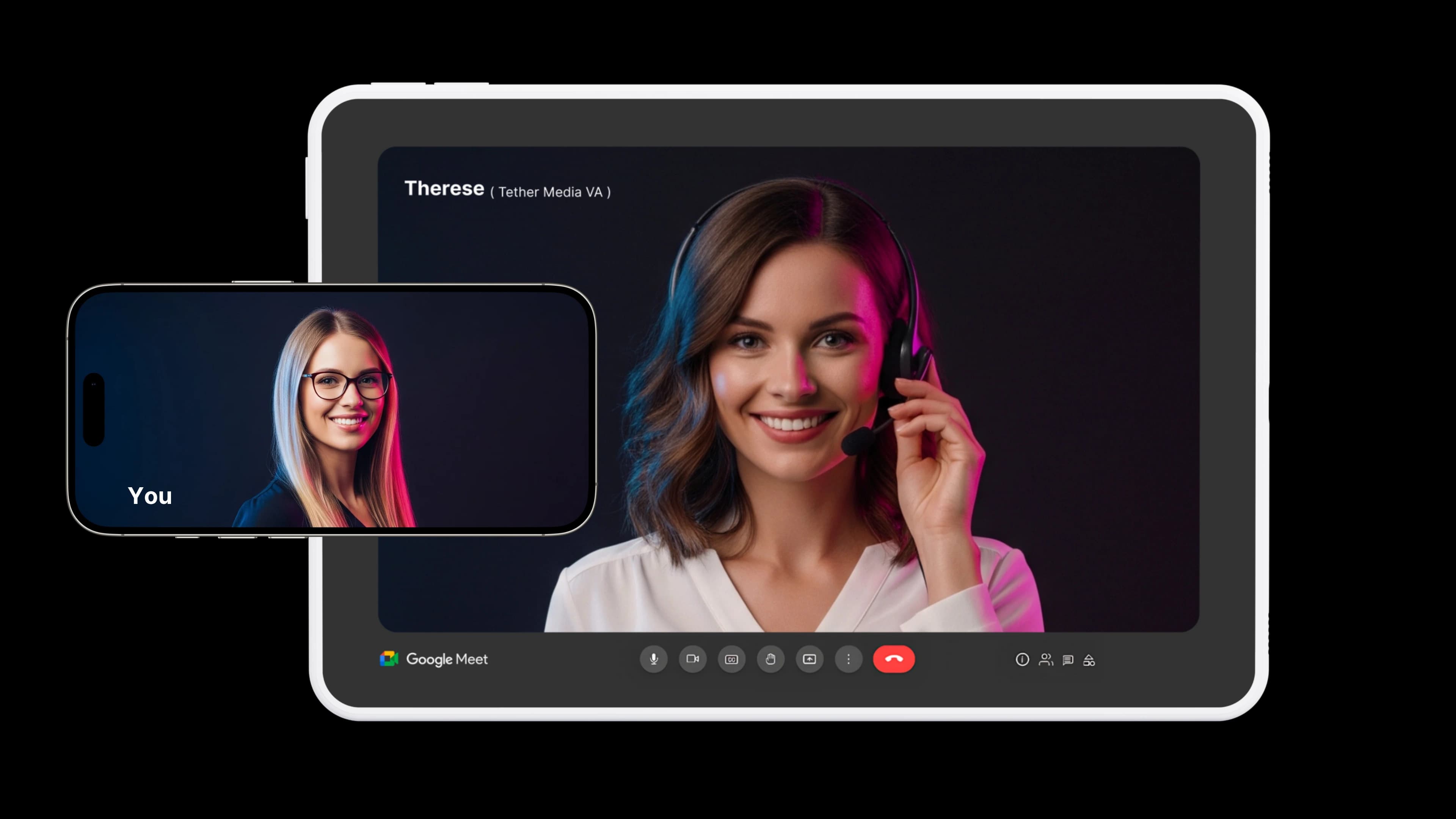 Laptop and phone showing video call with Tether Media VA